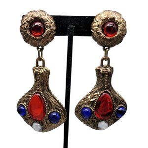 Vintage 1960s 70s Boho Clip On Earrings Red Blue White Cabochon Gold Tone Dangle